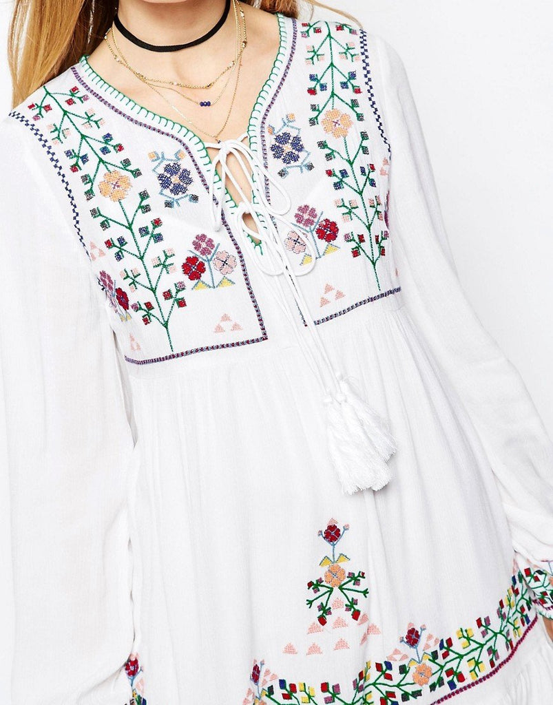 Embroidered Tassel Mini Dress